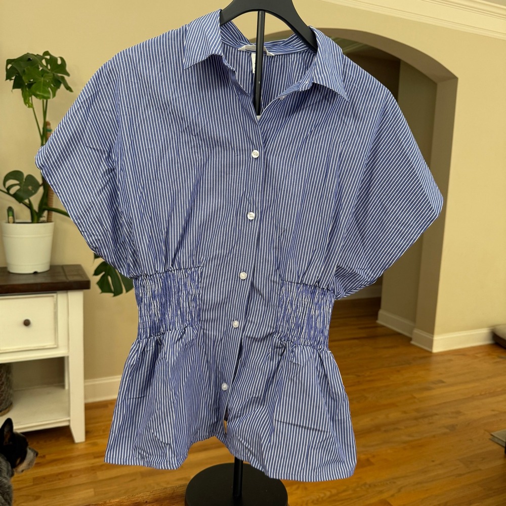 HM Blue White Striped Smocked Waist Peplum Top Short Sleeve Button Up NWT Small